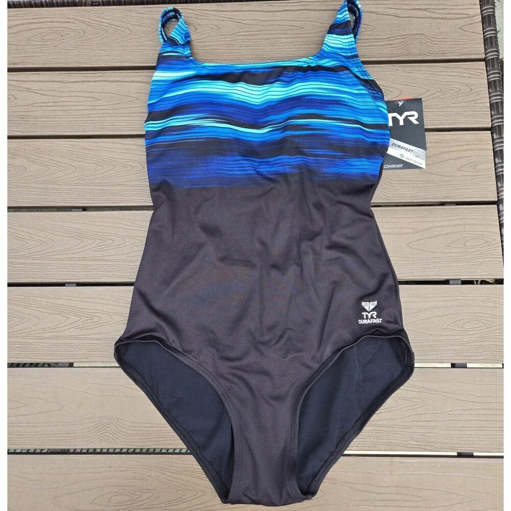 TYR Durafast Daybreak Scoop Neck Blue Controlfit 1 Piece Bathing Suit Sz 8 New